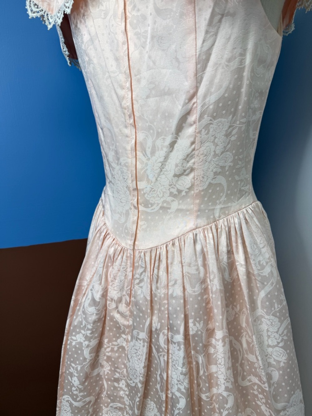Vintage 1980s Scott McClintock Peach Brocade Floral Lace Trim Formal Dress Sz 12 - Picture 7 of 8